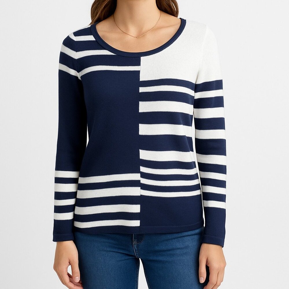 Chicos Womens S‎ Navy White Striped Cotton Sweater Long Sleeve Nautical Top